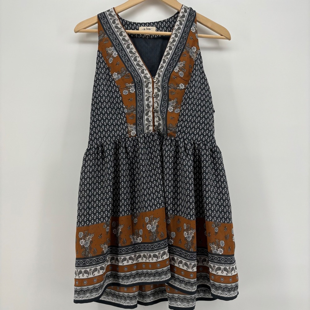 In Loom Womens Mini Dress Small Brown Boho Paisley Floral V-Neck Sleeveless Boho